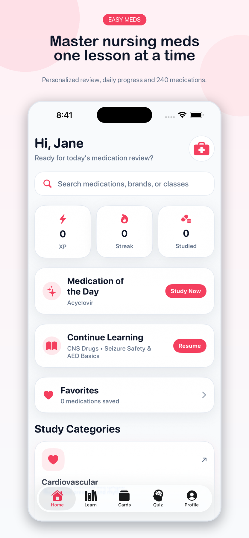 Easy Meds dashboard showing medication review, progress, and study categories